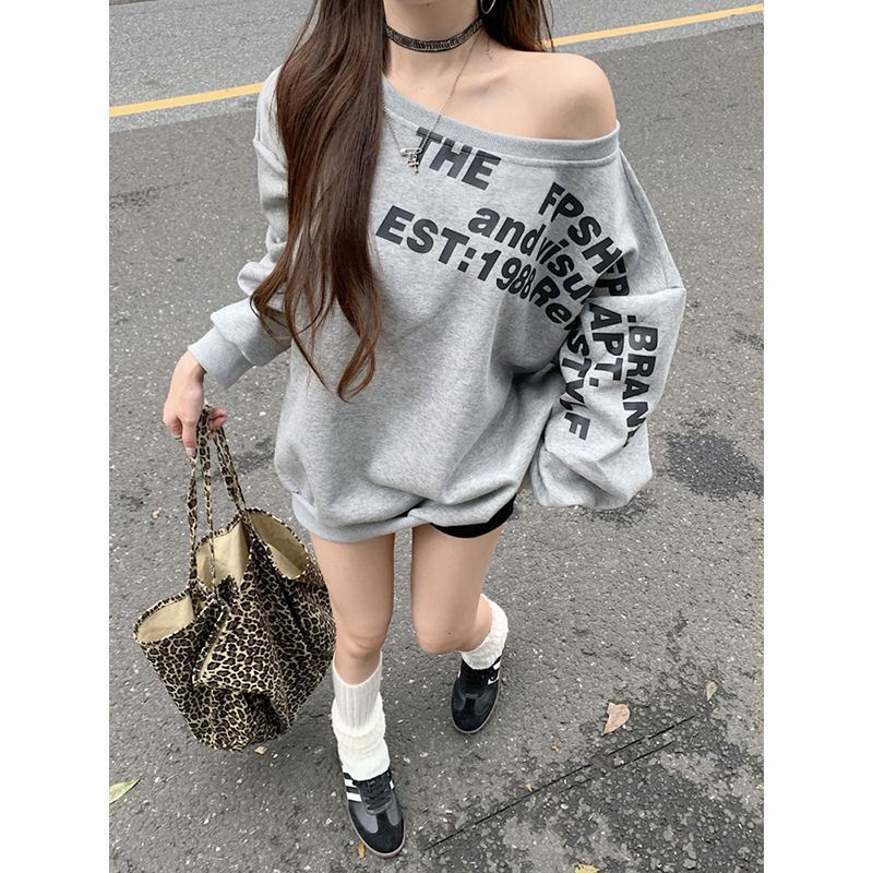 斜肩字母2025美式设计感长袖卫衣女辣妹宽松学生秋冬慵懒风百搭女