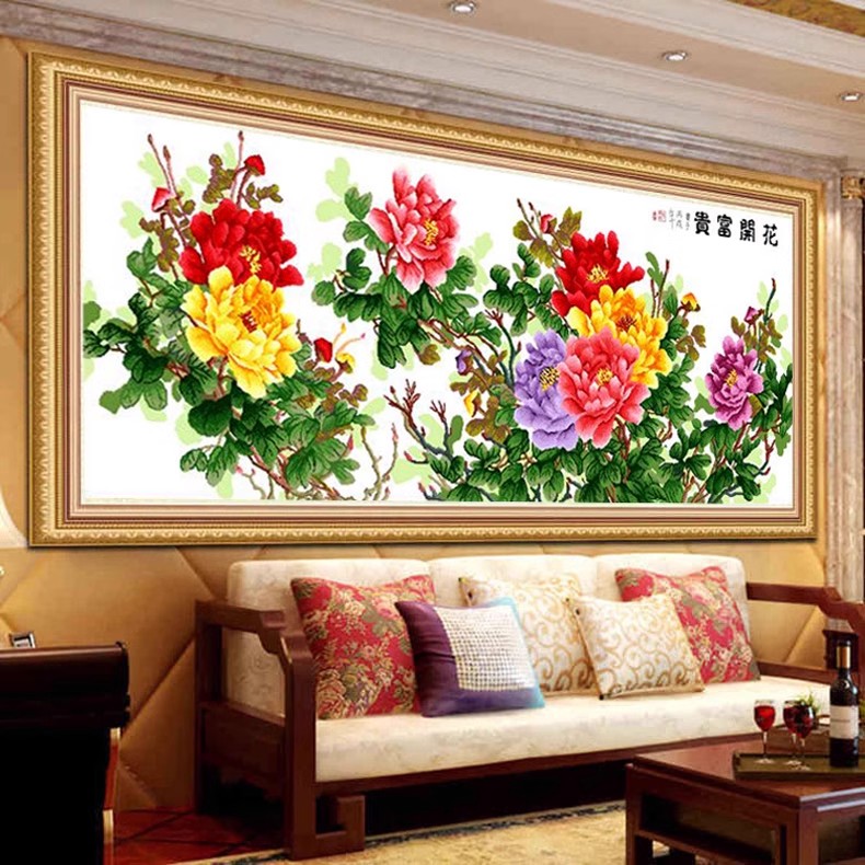 纯手工十字绣成品花开富贵六尺牡丹国色牡丹花卉新版客厅装饰挂画