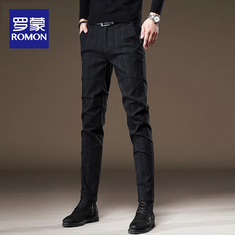 罗蒙高端条纹男士休闲裤子男款秋冬款弹力修身长裤百搭商务西裤男