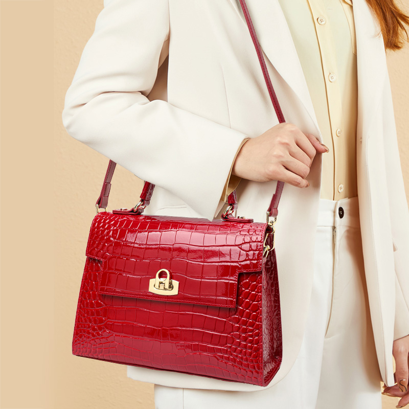 新款时尚百搭鳄鱼纹女士真皮牛皮手提包红色气质包包斜挎包3040岁