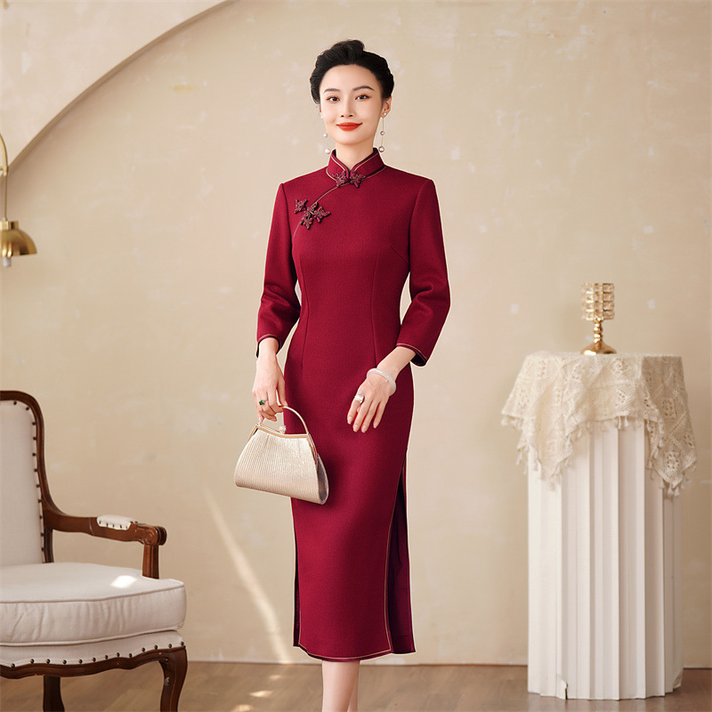 加厚-高档金丝羊毛呢旗袍2024秋冬季喜婆婆喜妈妈婚宴中式连衣裙