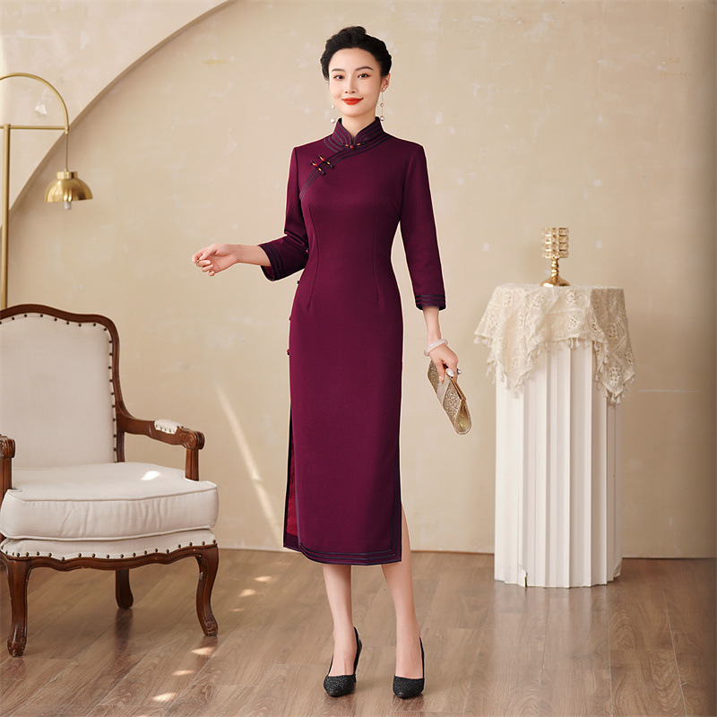 629高档羊毛旗袍2025新款秋冬中国风喜婆婆妈妈装高贵连衣裙长款