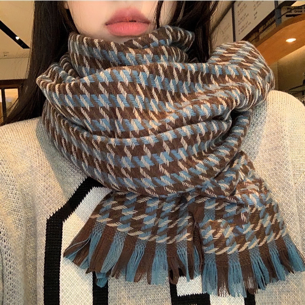 韩版黑白千鸟格2025围巾大披肩针织百搭流苏撞色情侣格子围脖