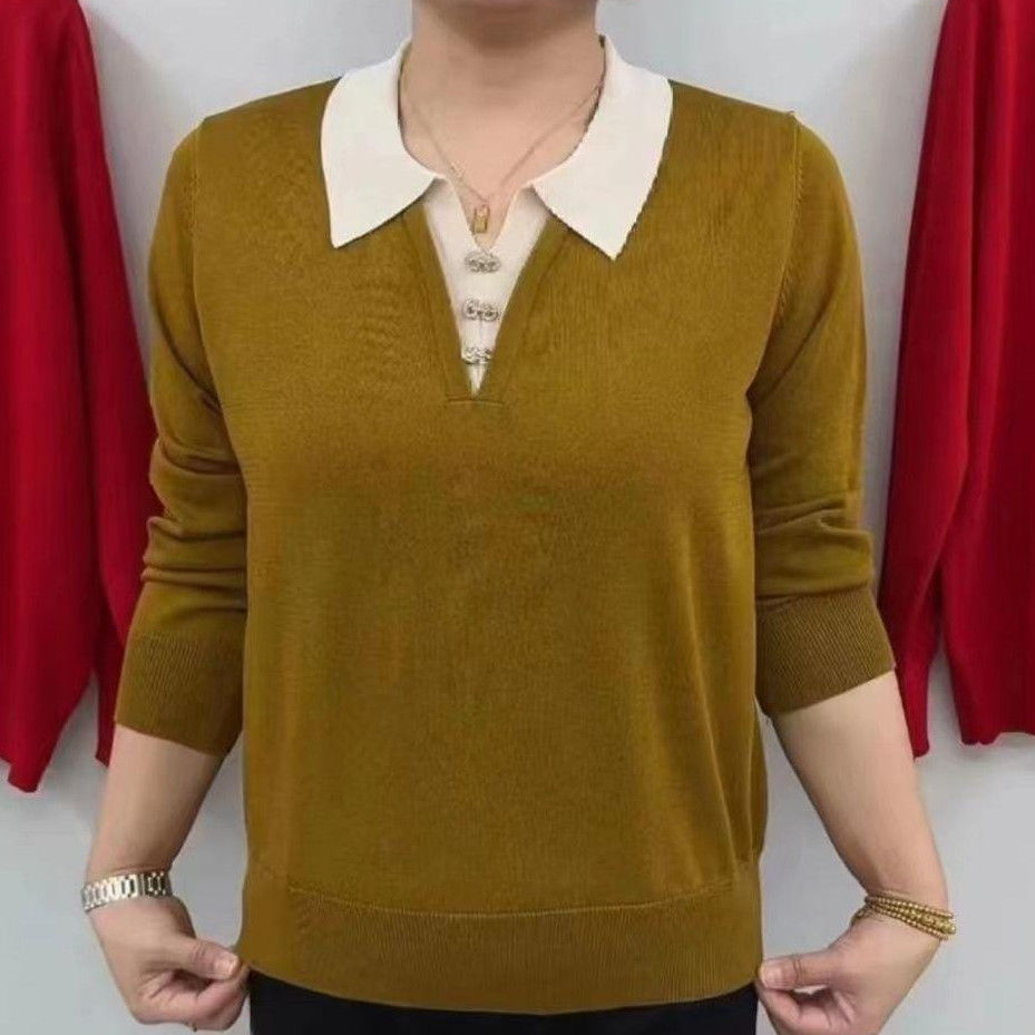春秋新款漂亮时尚拼接三粒扣拼接百搭针织衫翻领妈妈休闲高档毛衣