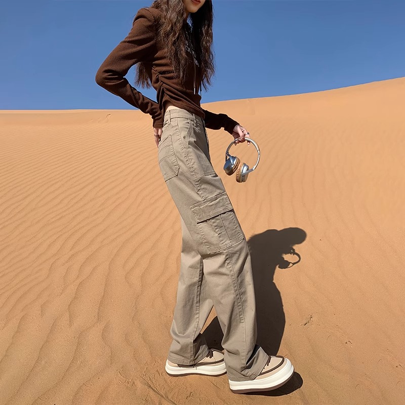 ruiliya/芮丽娅卡其色阔腿工装裤女高腰显瘦运动休闲直筒裤子ins