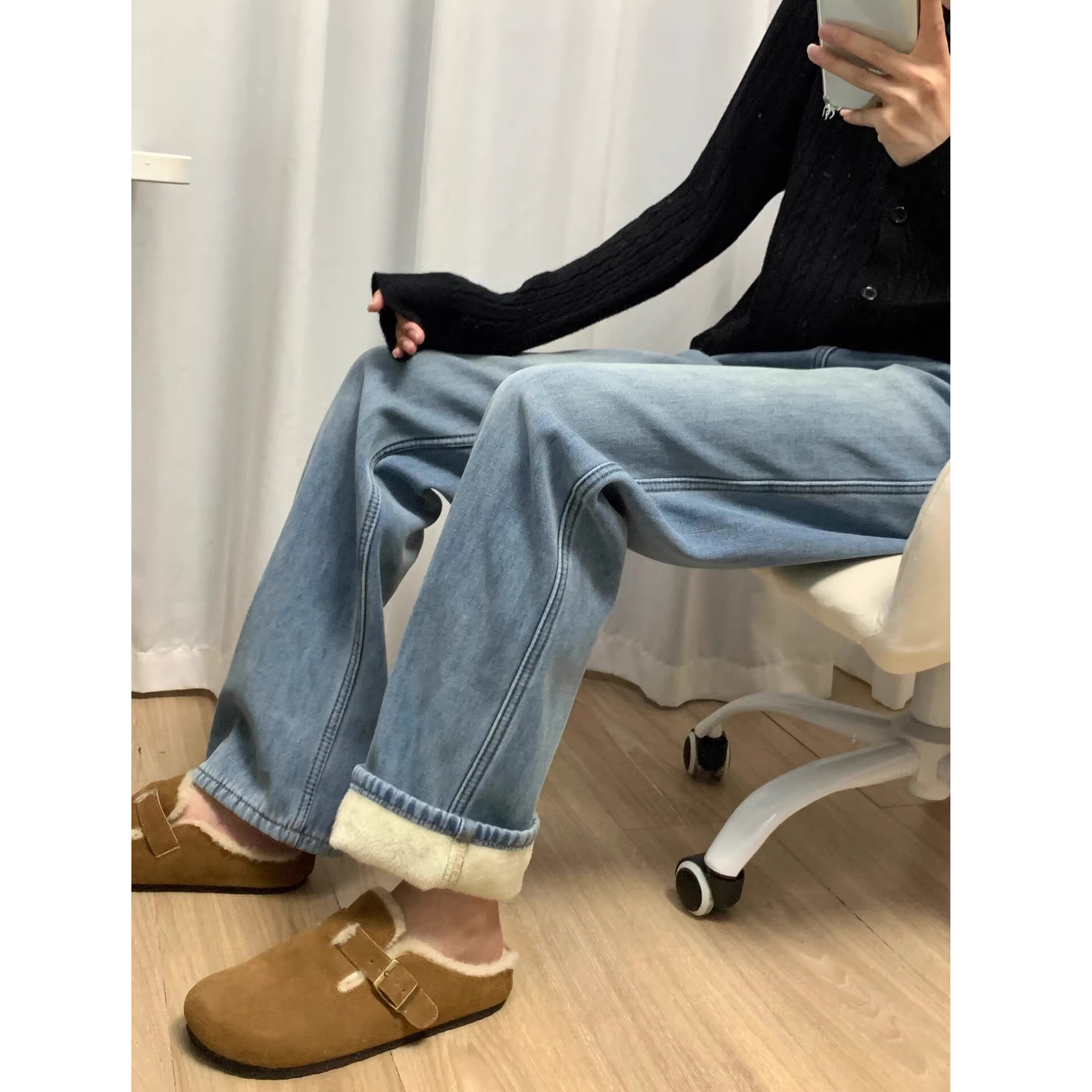 浅蓝窄版直筒牛仔裤女春秋裤子2025新款高腰显瘦小个子阔腿拖地裤