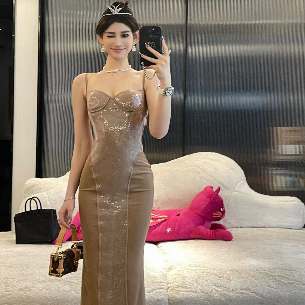 欧美风女装气质纯欲吊带露背带亮片连衣裙辣妹性感修身长裙晚礼服