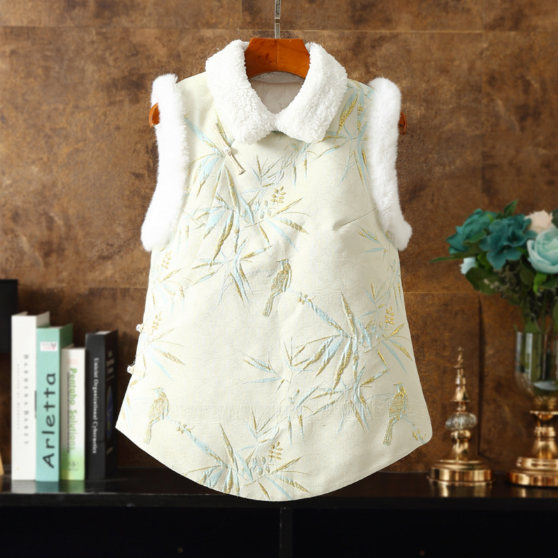 中式复古宫廷新款福利冬女式马甲织锦竹雀提花修身夹棉加厚马夹