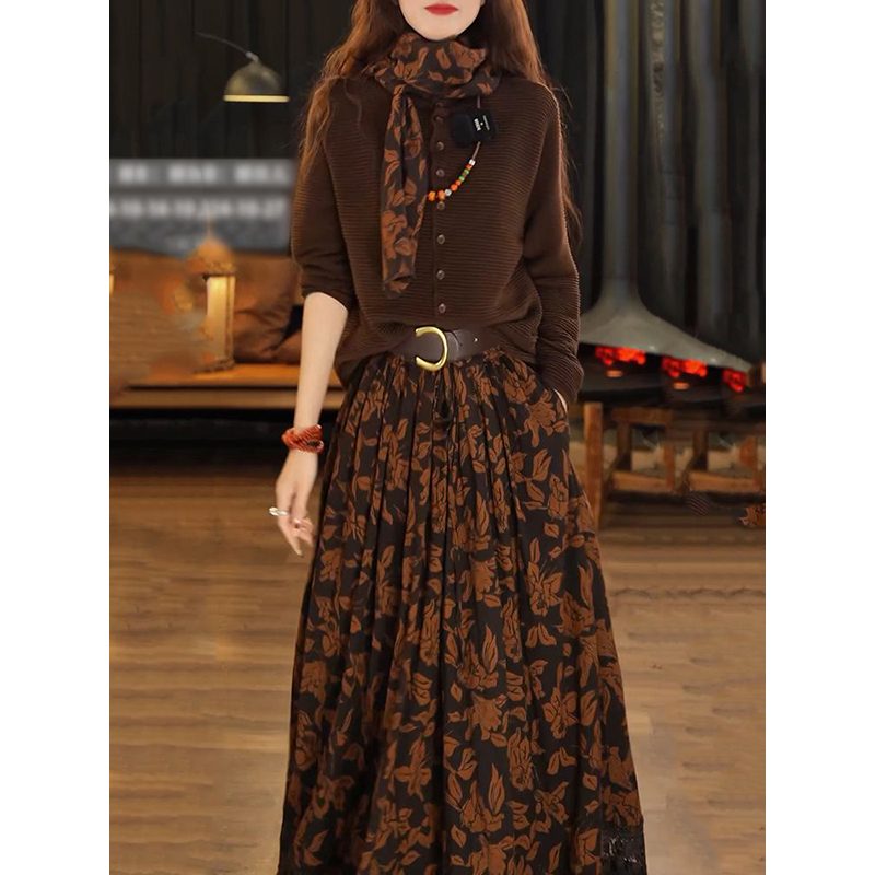 送围巾腰带!时尚轻奢裙套装女2025秋冬新款纯色百搭针织衫+半身裙