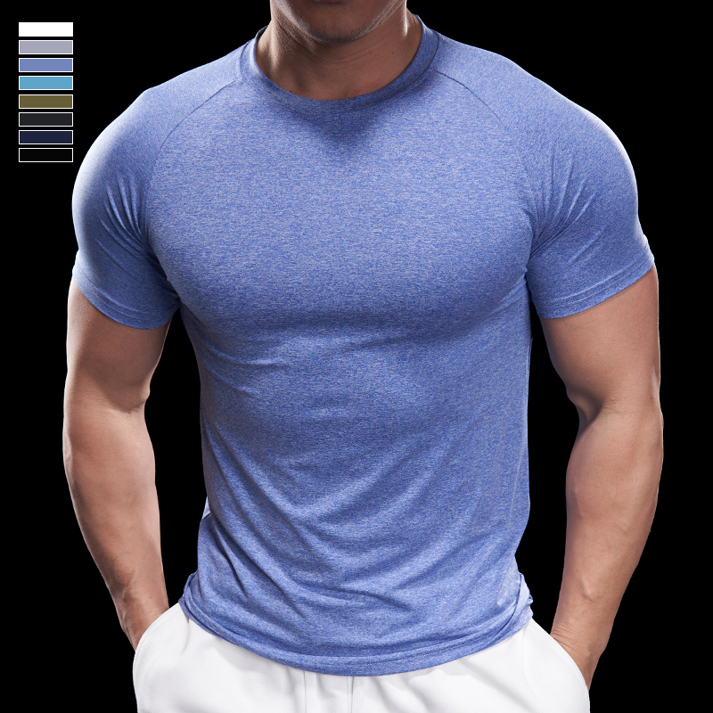 霸道肌肉春夏季男士跑步训练运动健短袖t恤速干上衣休闲纯色圆领