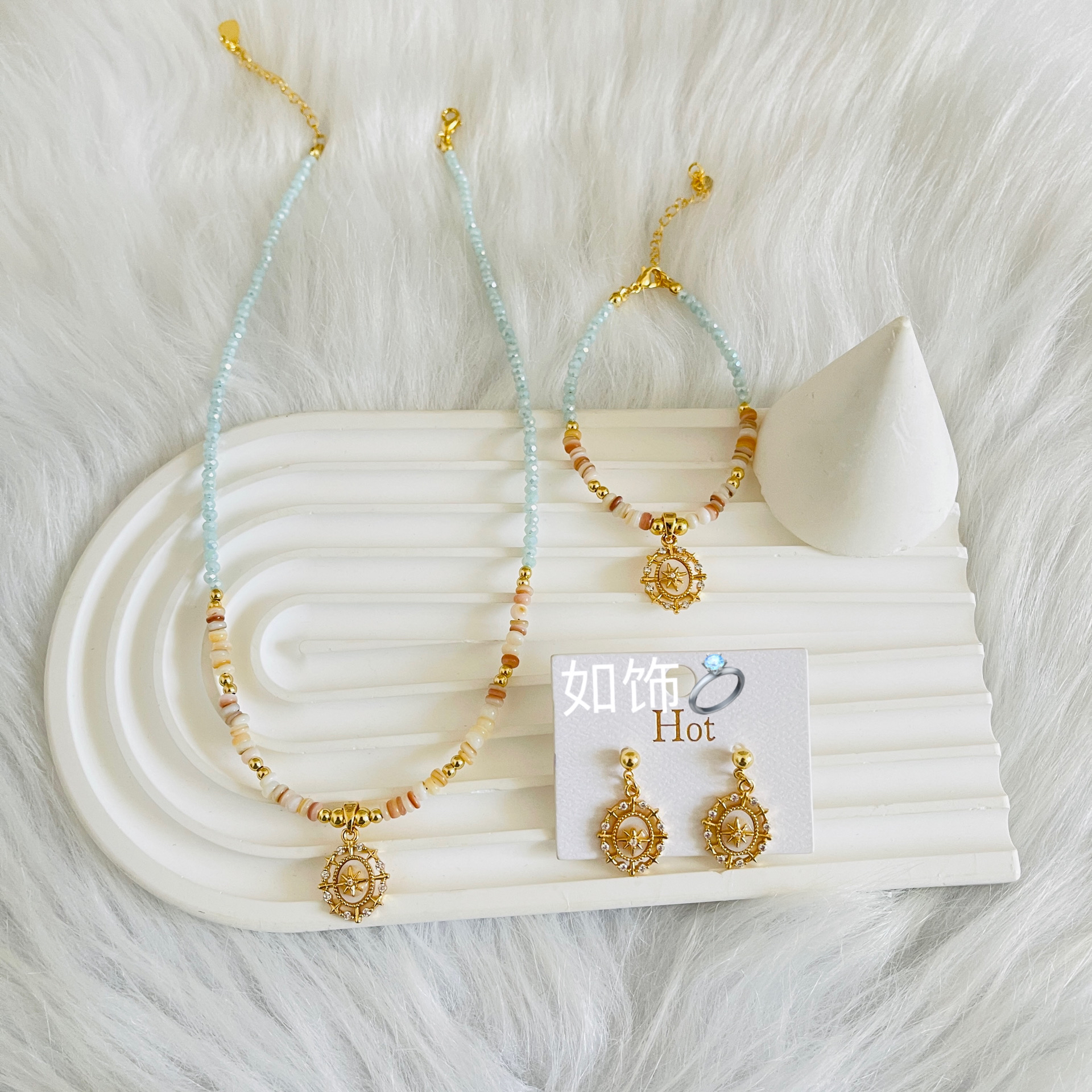 钛钢仿水晶项链 如饰 复古仿水晶手工款三件套套装