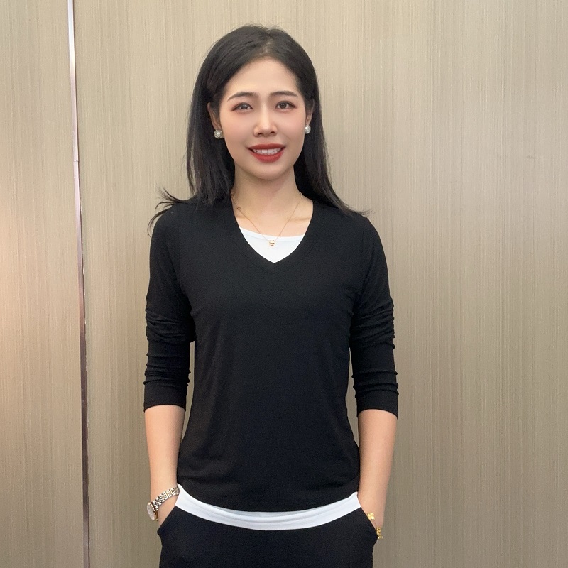 金六指秋季新款时尚撞色V领假两件百搭时尚亲肤高弹长袖打底衫