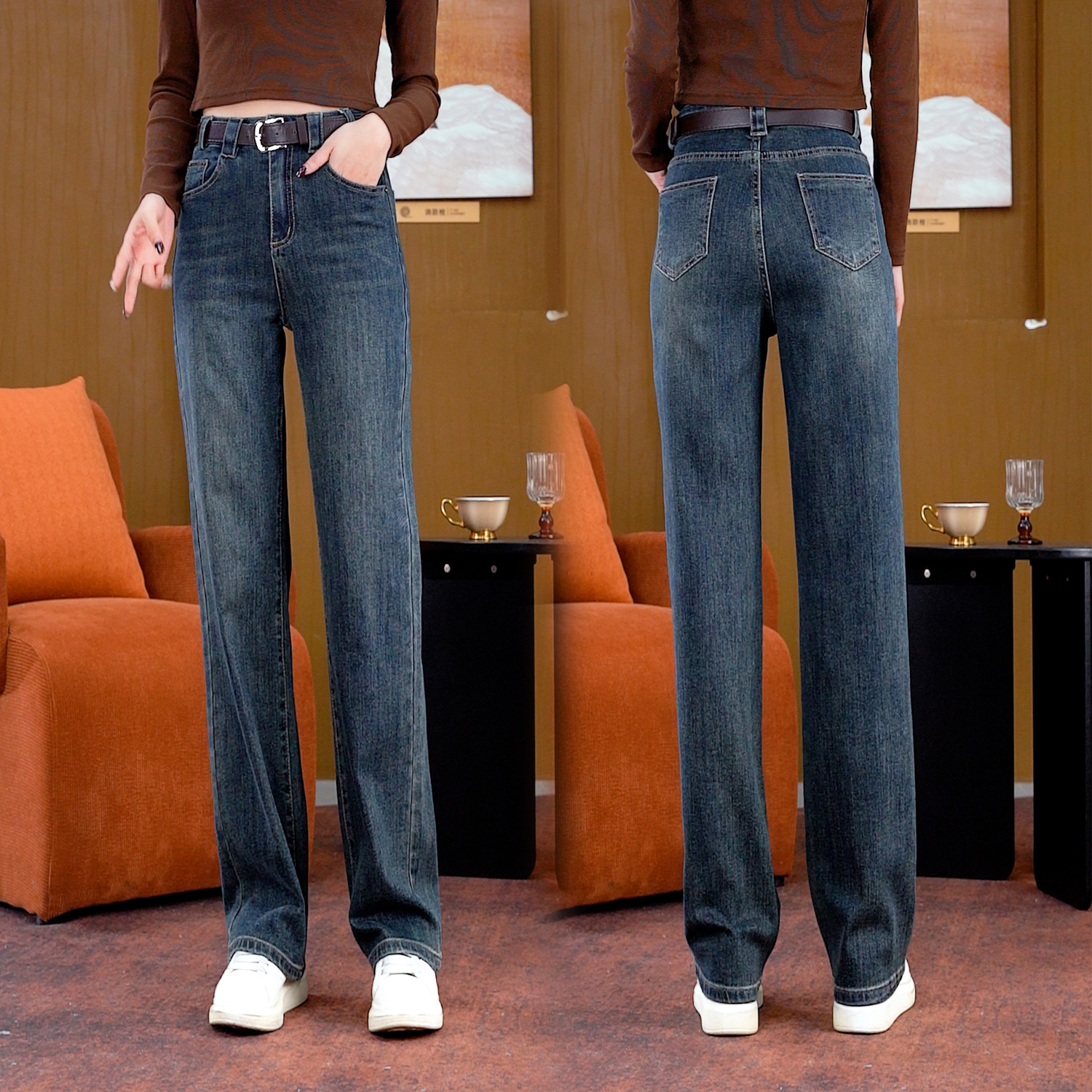 惠蕾诗特窄版宽松牛仔裤女2024高腰春秋新款显瘦直筒裤休闲阔腿裤