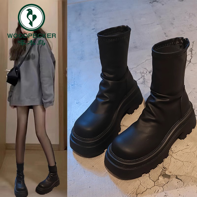 啄木鸟厚底增高瘦瘦靴女2025新款秋季堆堆皱褶短靴网红显瘦马丁靴