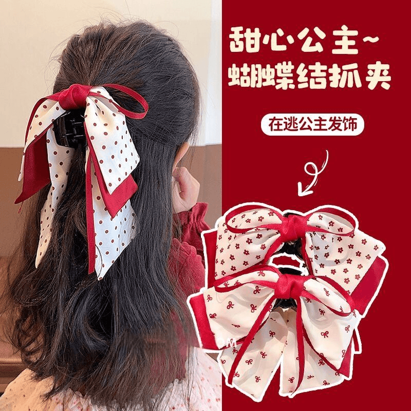 新款甜美小女孩公主头红色蝴蝶结发夹网红波点盘发抓夹何