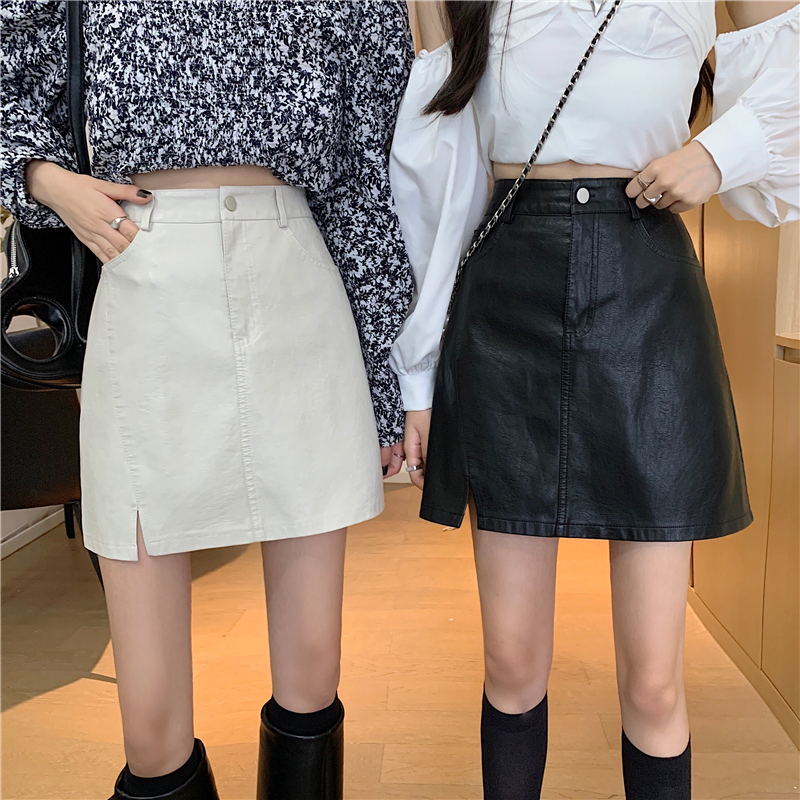 PU皮开叉半身裙女2025秋冬新款高腰百搭小皮裙显瘦a字裙包臀短裙