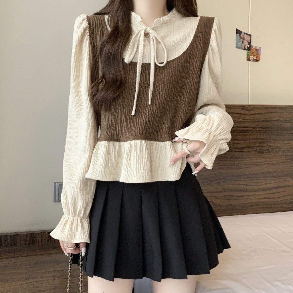 法式复古假两件衬衫女秋装2024新款设计感洋气减龄荷叶边长袖上衣