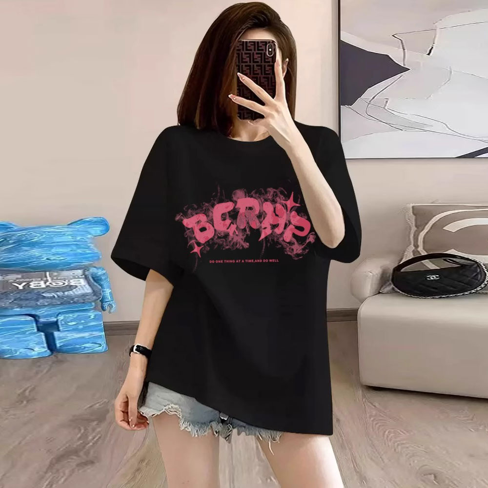 黑色t恤女短袖宽松2025年新款夏季欧货正肩字母纯棉ins潮圆领上衣