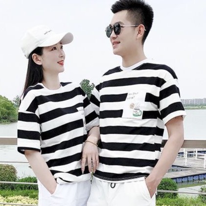 夏季情侣装条纹短袖t恤宽松版一男一女情侣同款半袖夏天休闲衣服