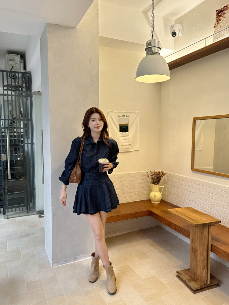 【蓝调风车】早秋韩系气质长袖牛仔衬衫女+荷叶边收腰显瘦短裙套装