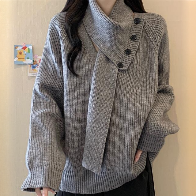 冬季加厚款 可拆卸围脖 韩系V领显瘦宽松软糯针织毛衣女加厚百搭