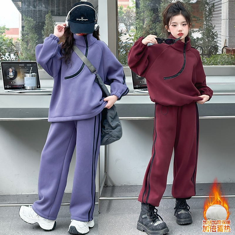 女童加绒卫衣套装秋冬款2024新款女大童韩版半高领上衣卫裤两件套