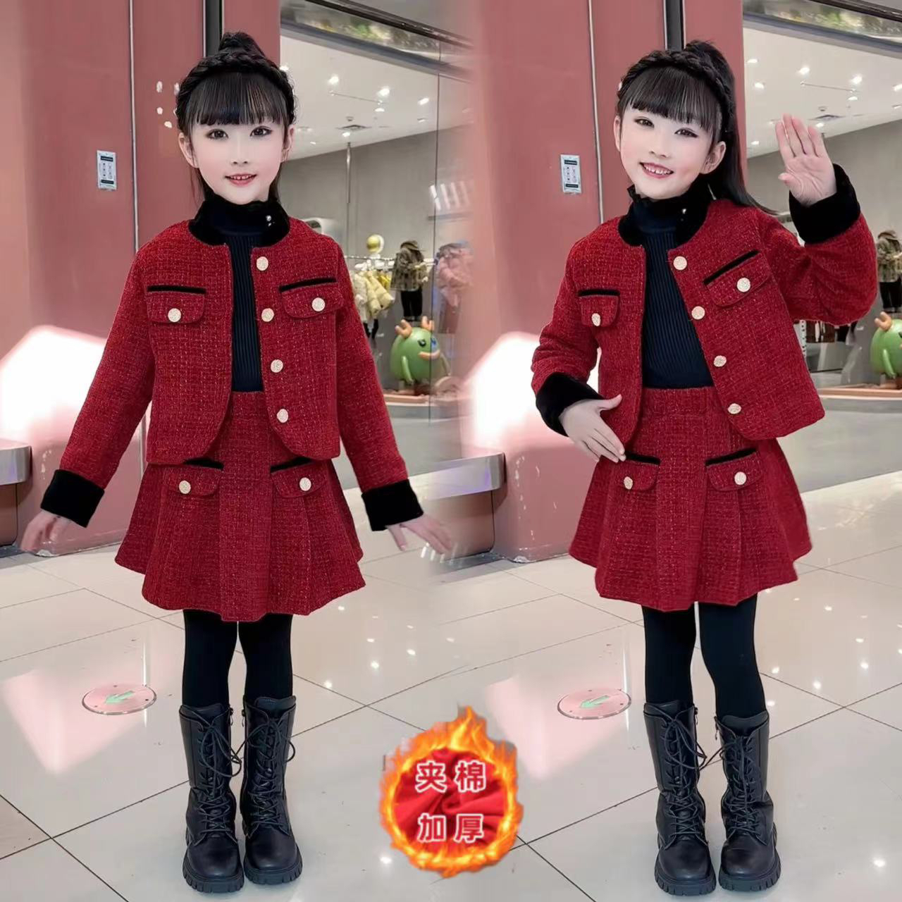 女童小香风套装夹棉2025年冬季新款中大童洋气小香风百褶裙套装时