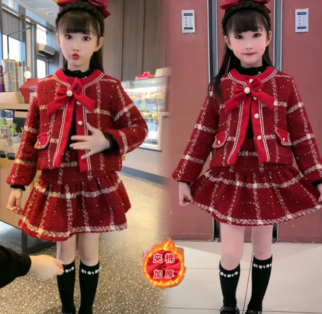 女童格子小香套装2025新款中大童洋气毛呢加厚名媛气质百褶裙套装