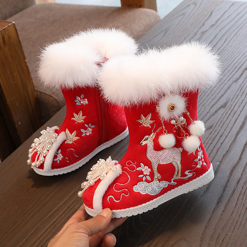 汉服鞋冬季加绒女童古风公主鞋中国风儿童绣花鞋古装靴子宝宝棉鞋