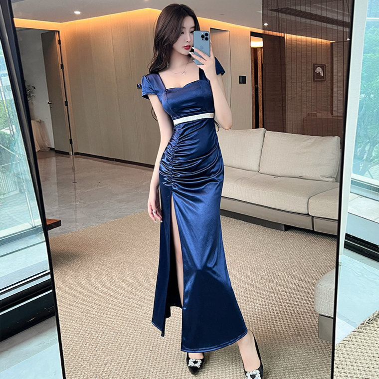 名媛气质性感晚礼服酒店夜店KTV前台佳丽礼服长裙深V沐足反光长裙
