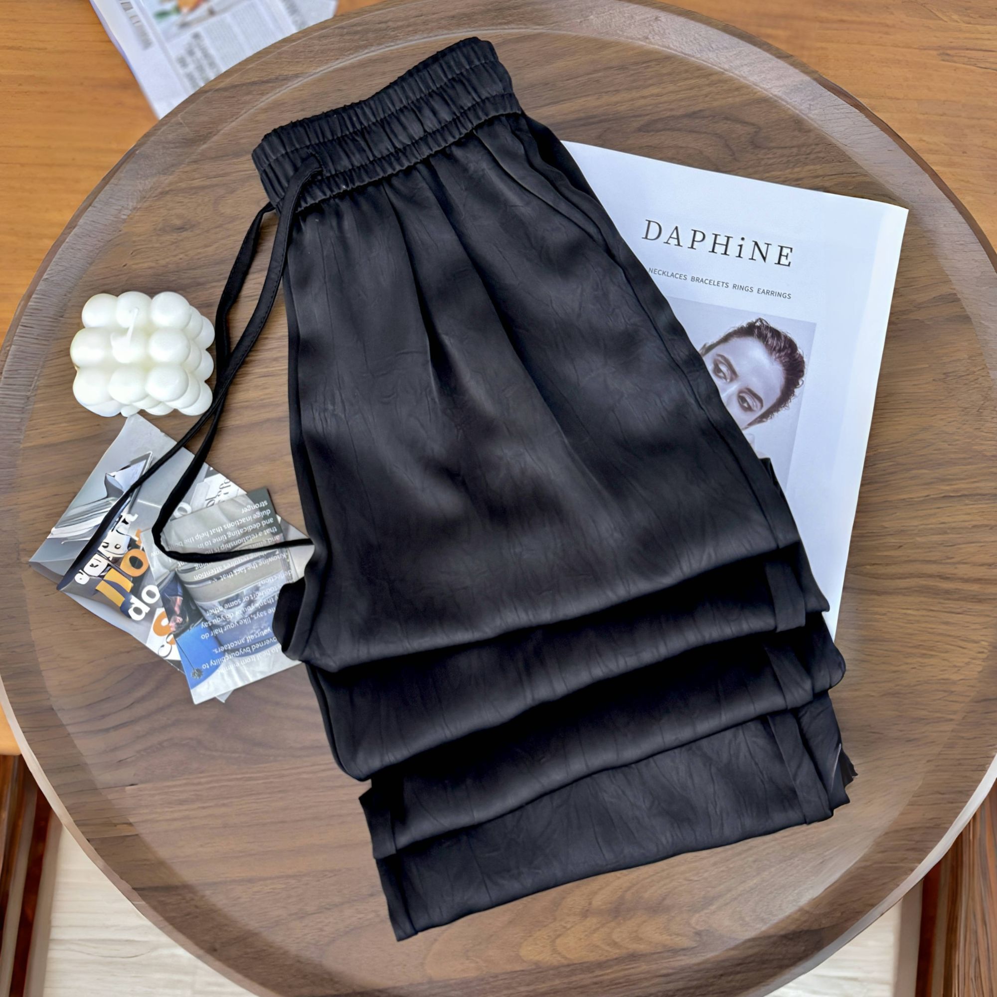 醋酸缎面阔腿裤女夏季薄款2025新款防晒裤凉凉裤黑色国风直筒裤子