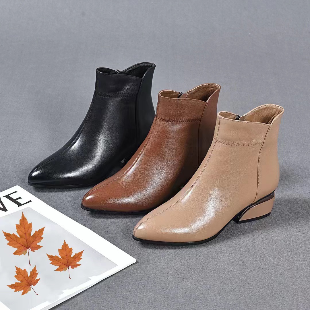 【真皮牛皮】短靴尖头低中跟百搭通勤秋冬女士小短靴女鞋秋冬季时尚
