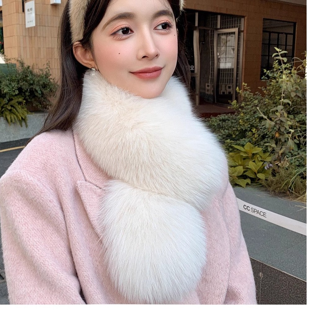 双面狐狸毛围巾女冬季仿兔毛围脖加厚保暖交叉时尚防风皮草毛领子