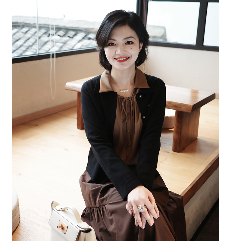 枫竺阿楠anan 墨尔本午后 春秋翻领四平针长袖气质纯色针织开衫女