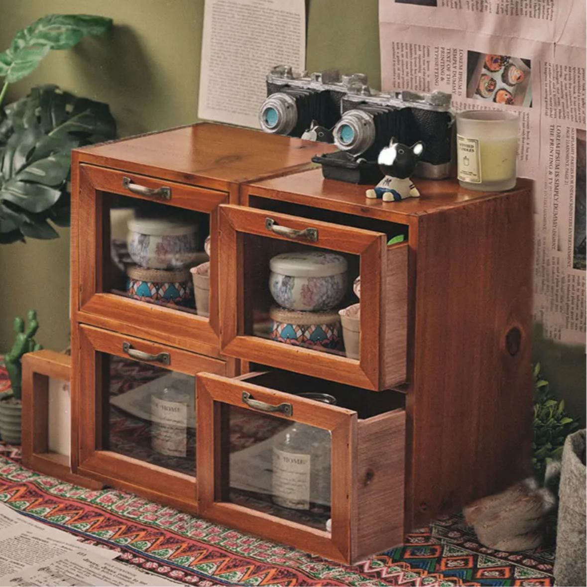 桌面化妆品口红收纳盒电脑增高架复古木质柜抽屉式桌上物品置物架