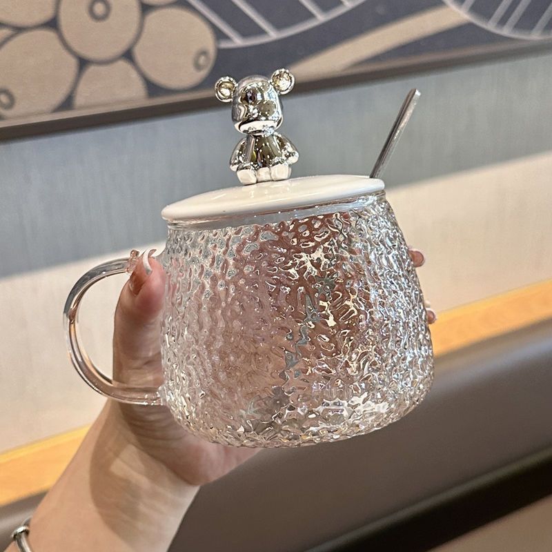 简约带盖带盖玻璃杯创意情侣耐热锤纹杯子餐杯少女心喝水杯学生