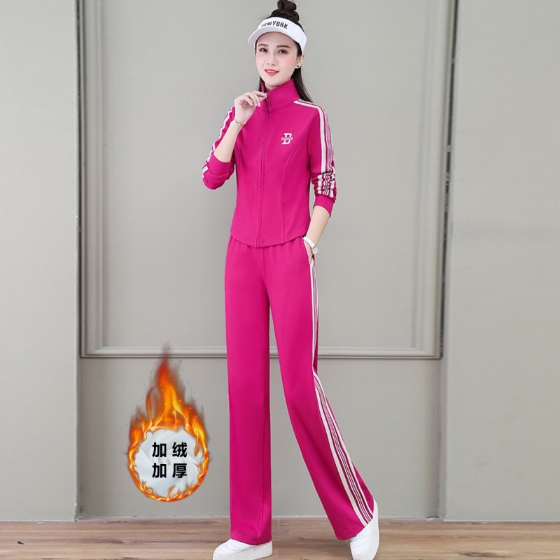 运动套装女2024秋冬新款跑步修身时尚阔腿裤休闲服加绒卫衣两件套