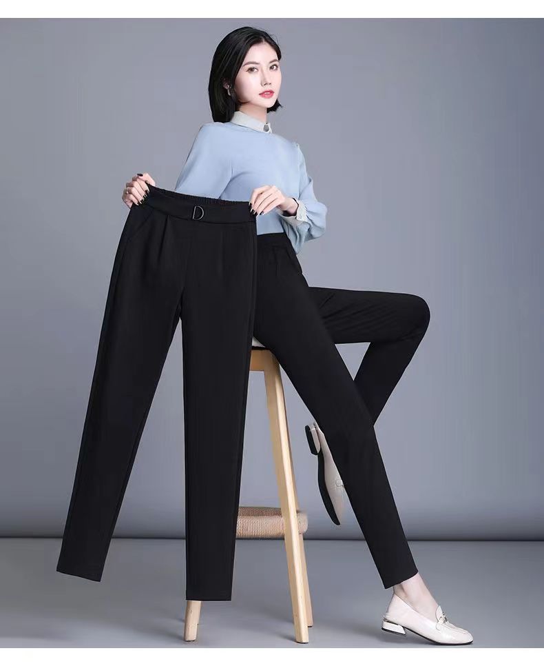 春秋新款哈伦裤直筒女高腰大码百搭宽松显瘦职业小西裤女冰丝黑色