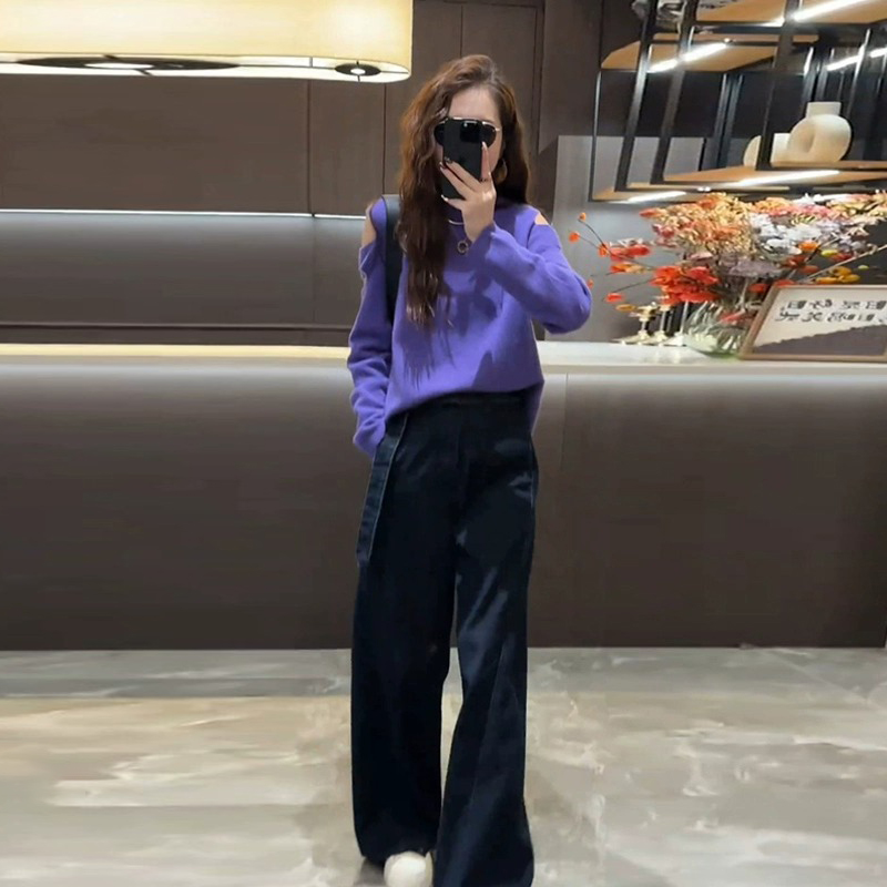 韩系高级感气质通勤女装2025春季新款露肩针织衫高腰牛仔裤两件套