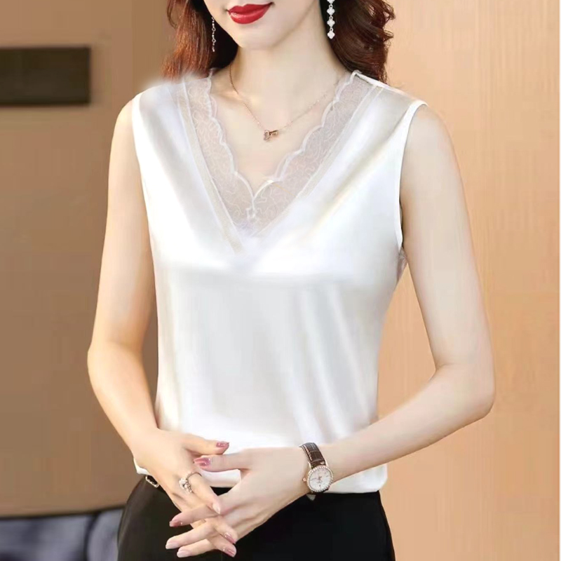 雪儿 夏季百搭蕾丝花边V领背心女妈妈装缎面纯色宽松内搭外穿吊带