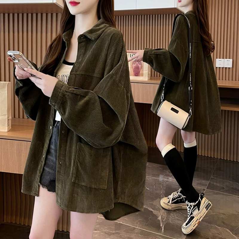 大码胖mm灯芯绒薄款外穿衬衫女春秋新款韩版宽松百搭复古衬衣外套