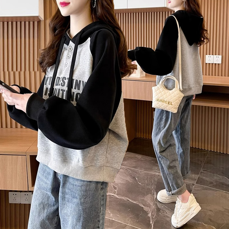 拼色连帽小个子加绒卫衣女秋冬新款韩版宽松百搭短款洋气长袖上衣