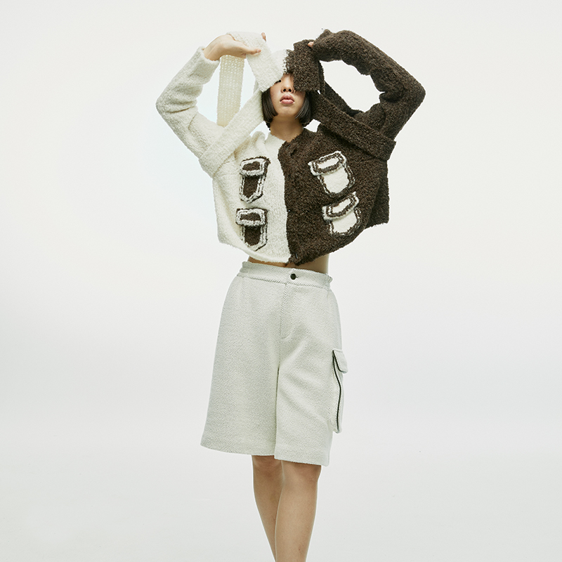 夹生HALF MADE拼色贴袋针织外套