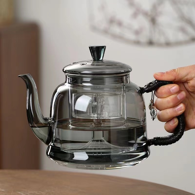 加大容量烟灰色玻璃茶具加厚茶壶泡茶专用蒸煮两用茶器家用水壶