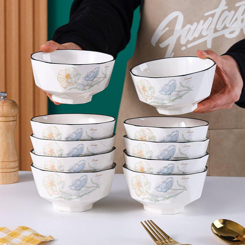 句途10只爱莲说家用陶瓷碗4.5英寸米饭碗吃面碗加厚防烫餐具套装