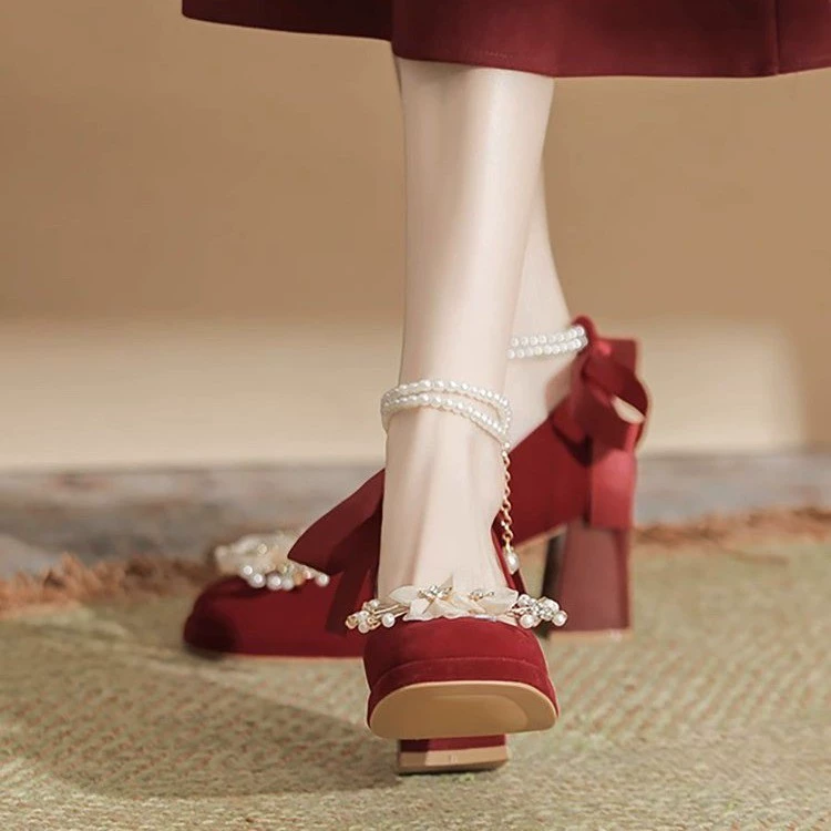 红色婚鞋新娘鞋秀禾婚纱两用粗跟绝美不累脚中式汉服高跟鞋女结婚