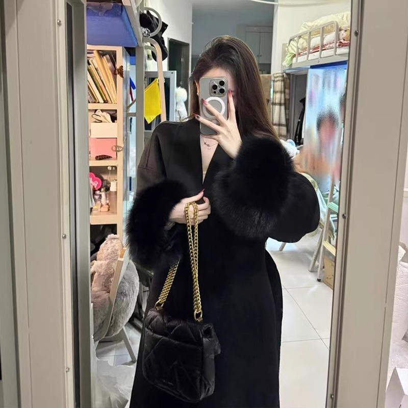 黑色高端仿真狐狸毛袖口双面大衣女长款高级感秋冬赫本风毛呢外套
