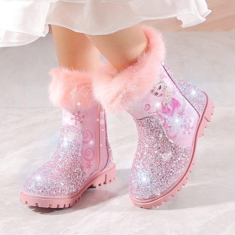 Maoergang/猫尔港冬季女童加绒保暖爱莎公主短靴儿童兔毛雪地靴子