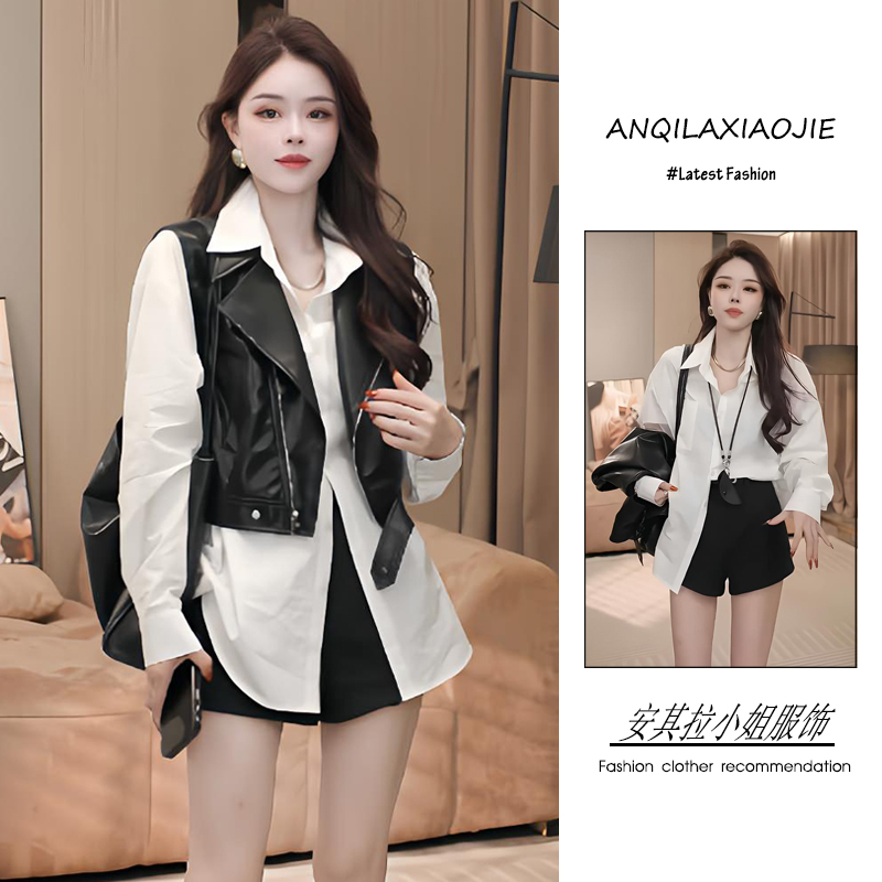 2024年秋季韩系复古时尚潮流百搭精品女装衬衫马甲短裤洋气三件套