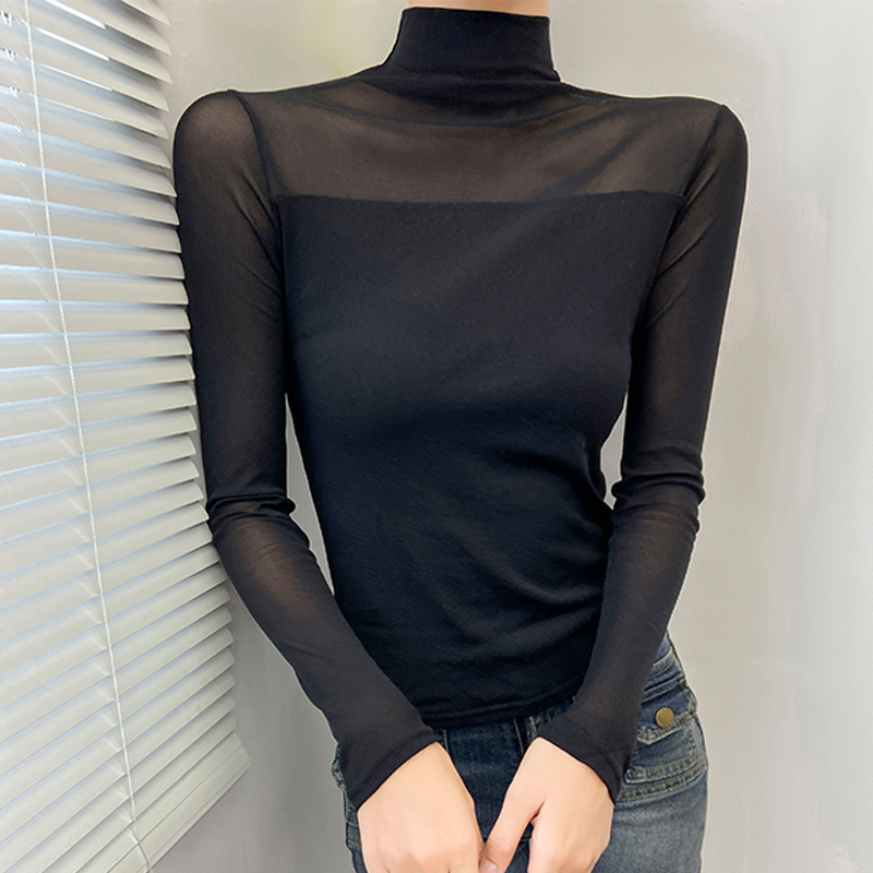 高端紧身网纱半高领打底衫内搭女秋冬季显瘦修身长袖T恤百搭上衣